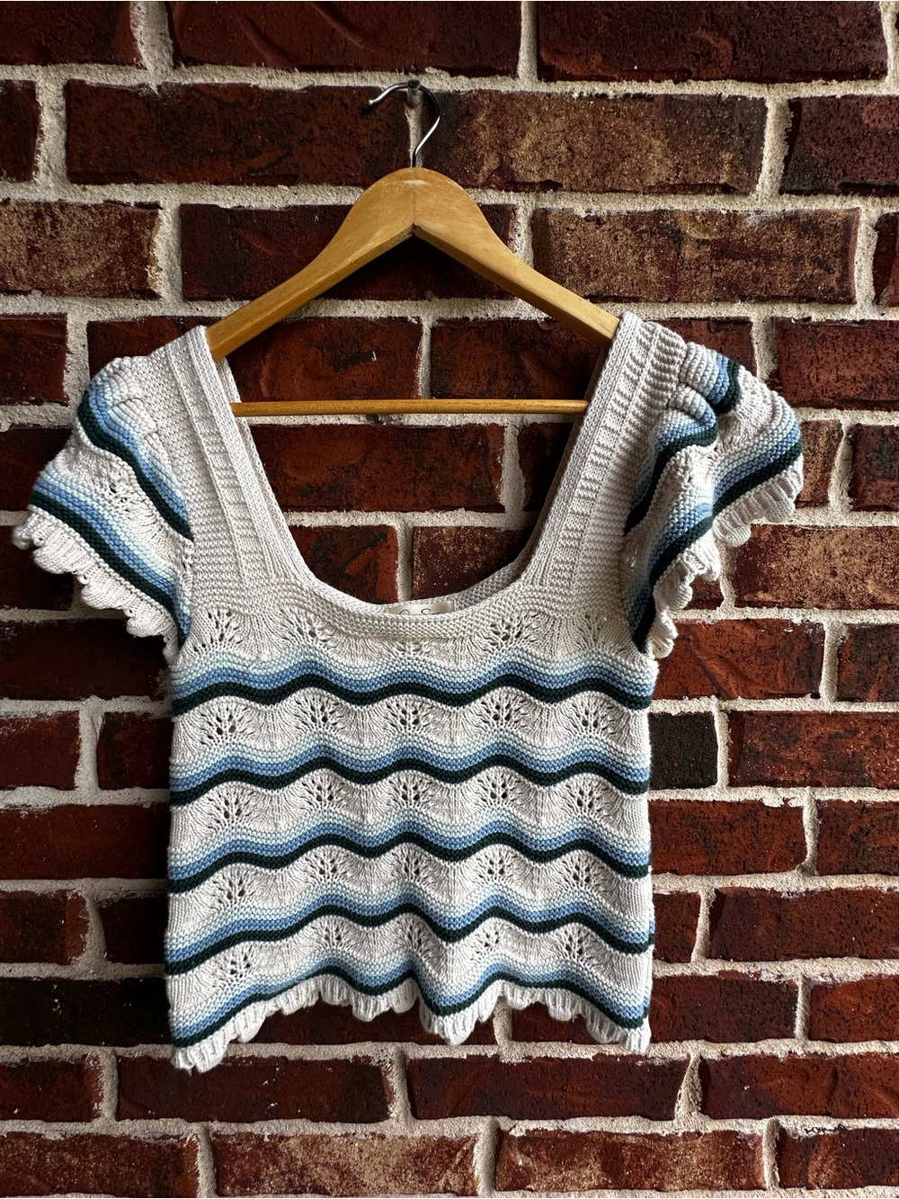 Jessica Simpson Cream Crochet Crop Top with Blue Stripes